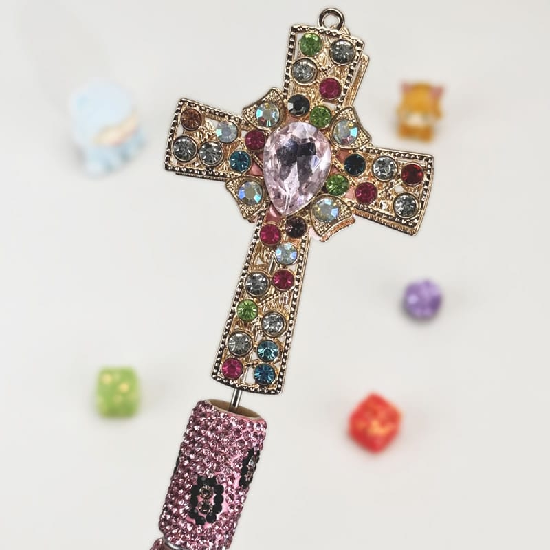 Colored-Diamond-Cross-Pink-Rhinestone-Pen-Vintage-1-241231 Colored Diamond Cross Pink Rhinestone Pen Vintage - Image 1