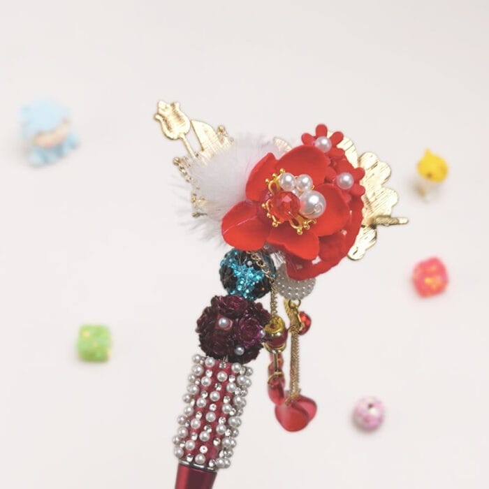 Artificial Flower Red Half Rhinestone Pen Vintage - Image 2
