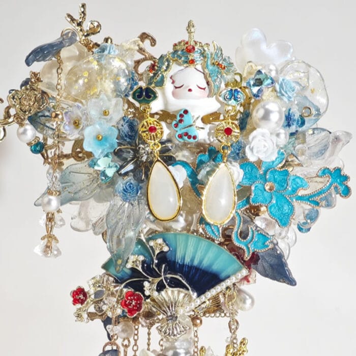 Cyan and White Petals and Blue Ink Chinese Style Fan with Tassel Pen - Image 2