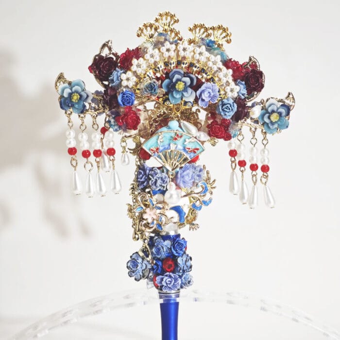 Red&Blue Onyx Chinesestyle Fan with Tassel Pen - Image 2