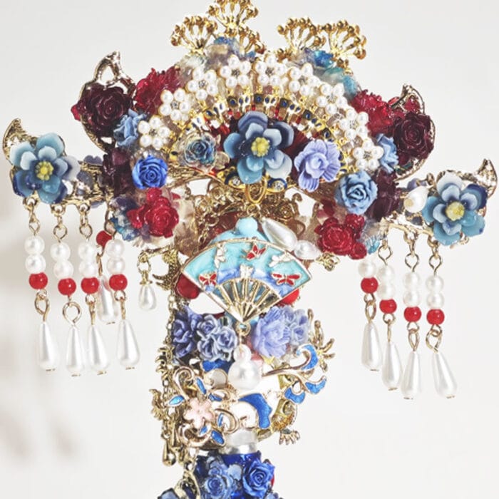 Red&Blue Onyx Chinesestyle Fan with Tassel Pen - Image 3