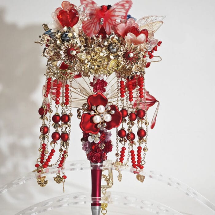 Red&Blue Onyx Style Cyan Chinesestyle Fan with Tassel Pen - Image 2