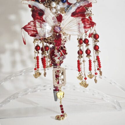 Red&Blue Onyx Style Cyan Chinesestyle Fan with Tassel Pen - Image 3